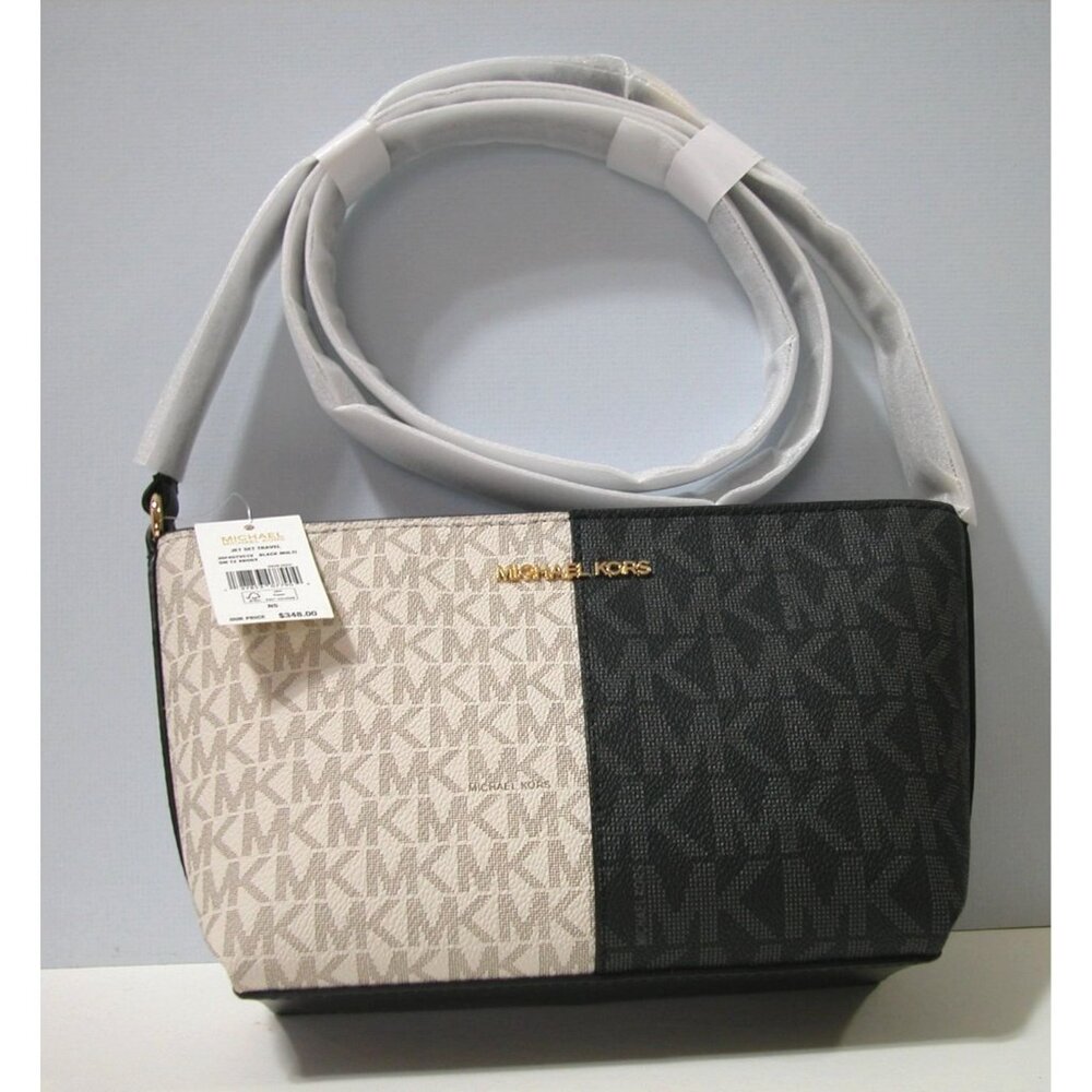 Michael Kors Jet Set Small Crossbody Bag Beige/Black Logo Canvas & Faux Leather